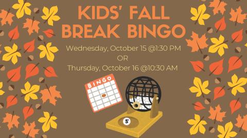 illustration in orange and brown tones, featuring fall leaves, a bingo board, and bingo roller