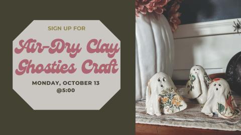 white ghost decorations made of solidified clay, three or four inches tall, decorated with artistic patterns – alongside title, date, and time of event