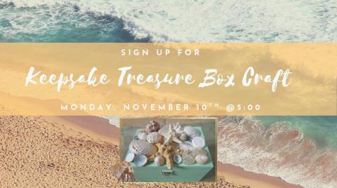 small jewelry-style box with seashells on top, over a sandy beach and sea background