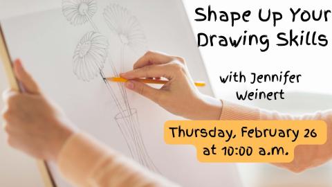 woman's hand holding a pencil to a large piece of paper held up at an angle, drawing a vase of flowers