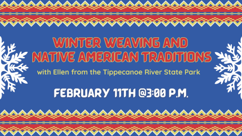 title and time of event, bordered by a Native American woven design on top and bottom and large snowflakes on the sides