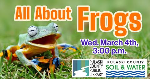 photo of a laughing tree frog with logos for PCPL and Pulaski County Soil & Water Conservation District 