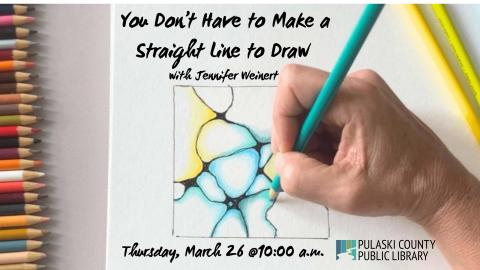 an adult's hand holding a cyan colored pencil creating an abstract drawing