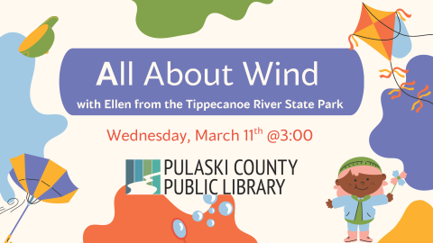 colorful illustration featuring various things blowing in the wind, including a kite, and umbrella, a hat, bubbles, and a girl's pinwheel