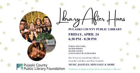young adults celebrating at a fancy gold-colored party, clinking glasses, and a sign saying "Pulaski County Public Library," alongside text about the event, all surrounded by stars