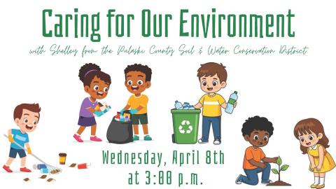 illustration of children engaged in several environmentally-friendly activites, such as picking up litter, sorting recyclable materials, and planting a tree