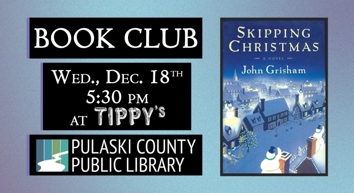 book cover for "Skipping Christmas" with date and time of the program