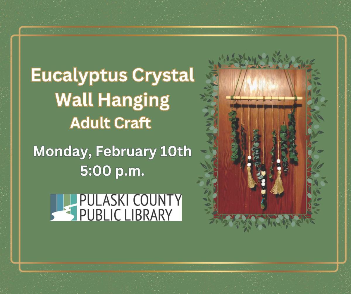 photo of eucalyptus wall hanging with date & time of event and PCPL logo