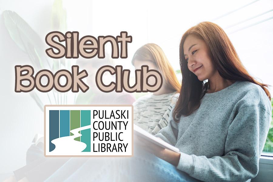 young woman smiling and reading next to the text "Silent Book Club" and PCPL logo