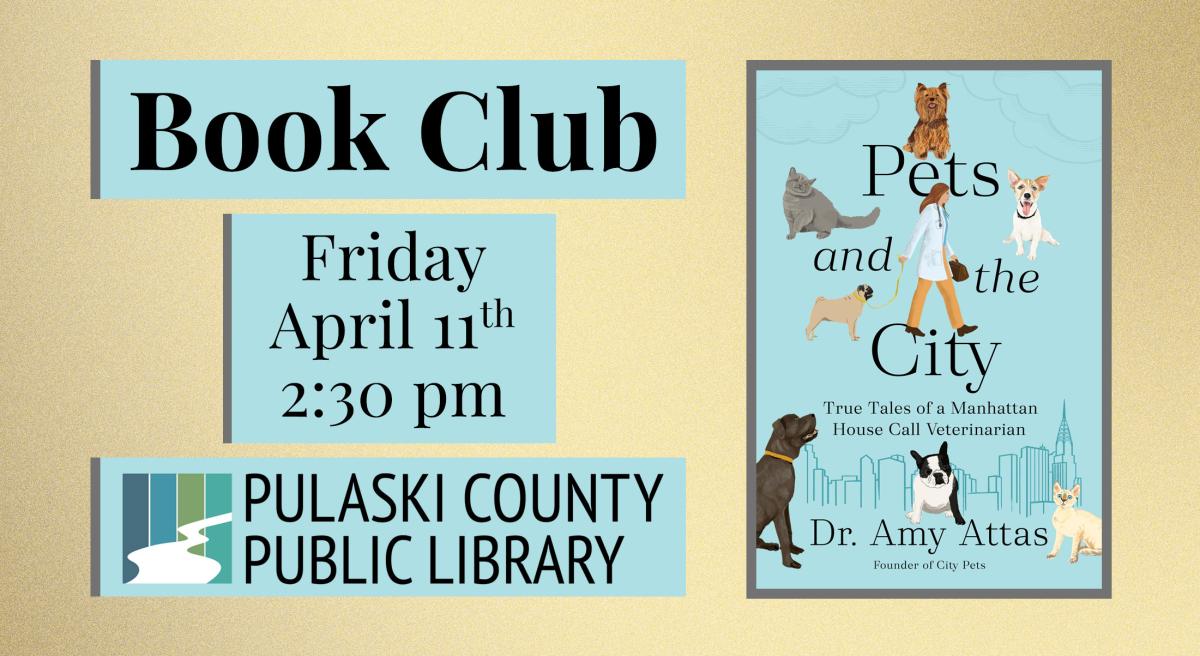 book cover for "Pets and the City" with date and time of event and PCPL logo