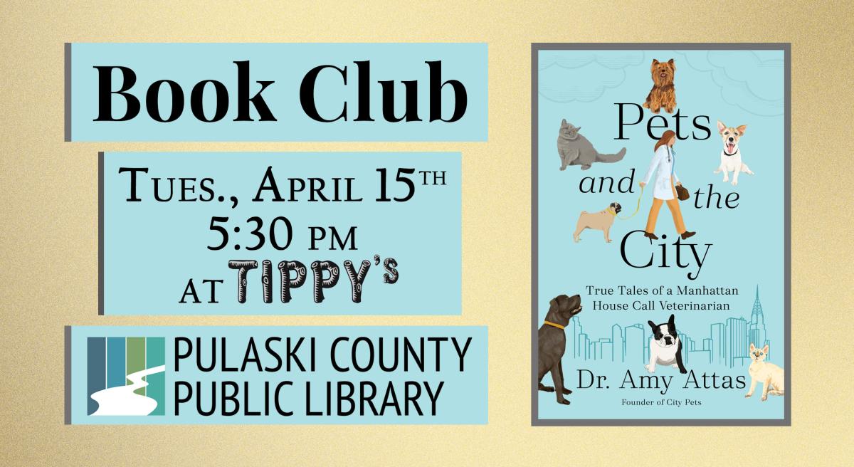 book cover for "Pets and the City" with date and time of event and PCPL logo