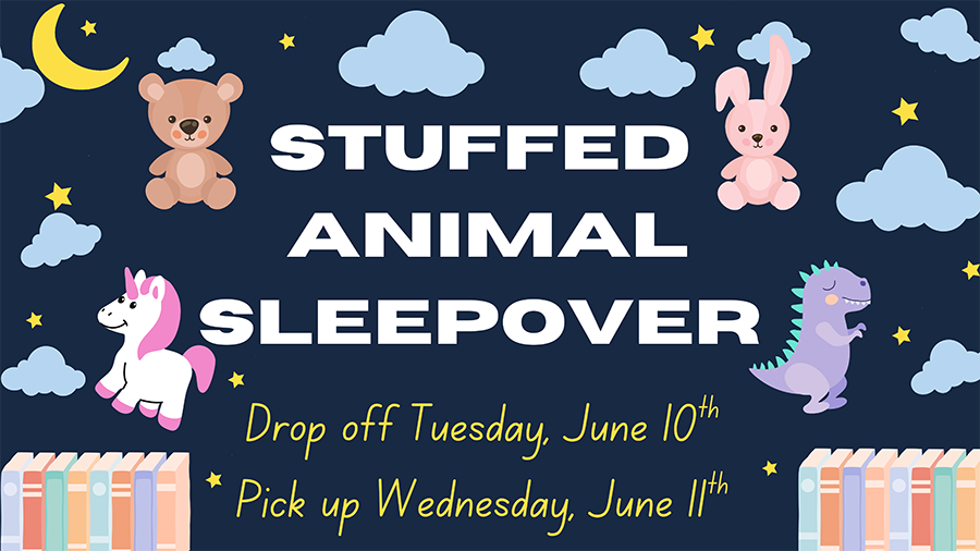 Illustrations of stuffed animals on a night sky background.