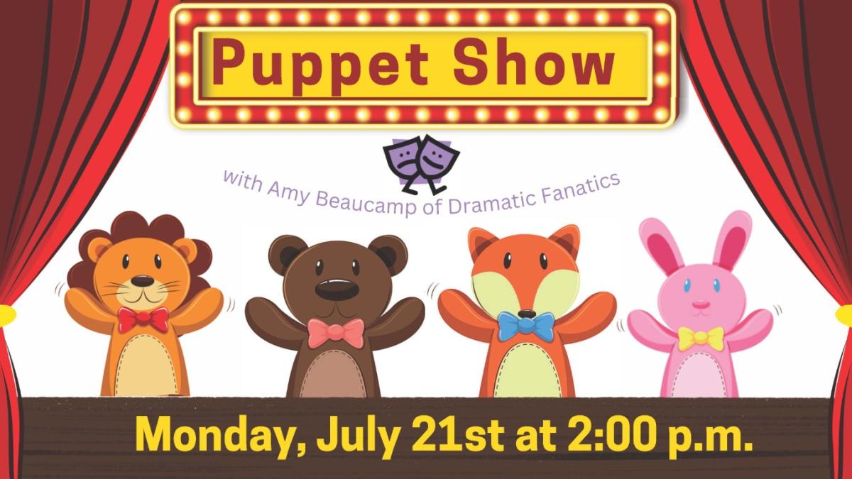 illustration of cute animal hand puppets performing behind a stage and curtains