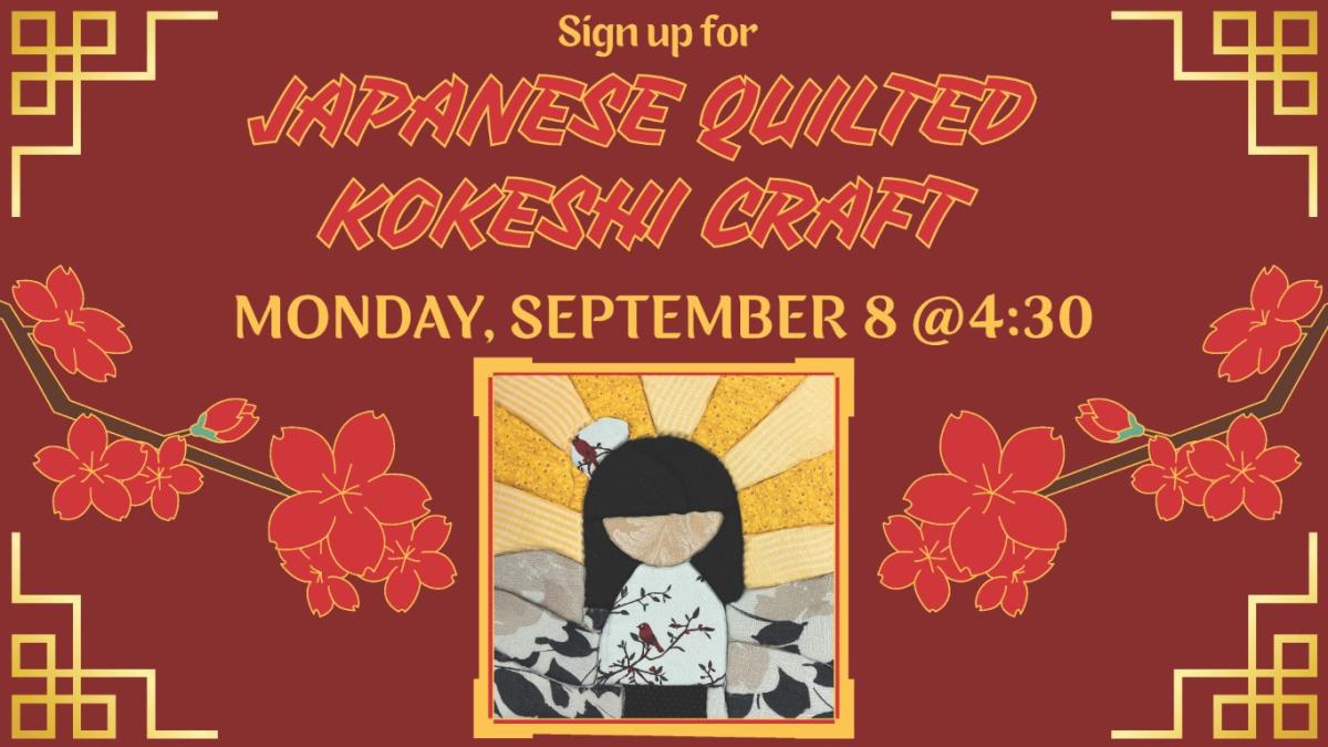 flat square depiction of a Japanese Kokeshi doll made out of fabric