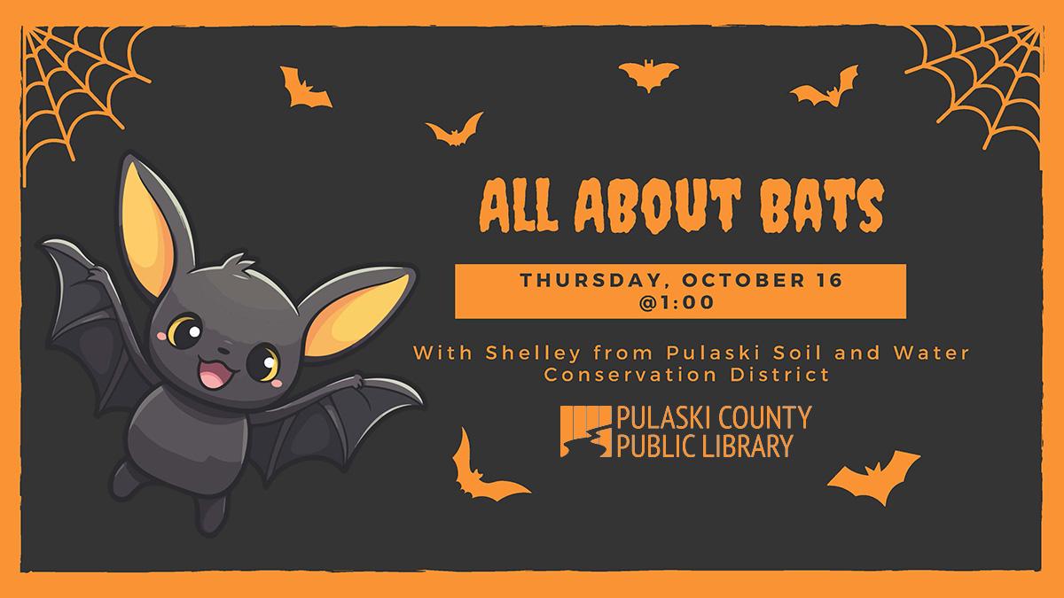 illustration of a cute bat alongside title, date, and time of event, and the PCPL logo