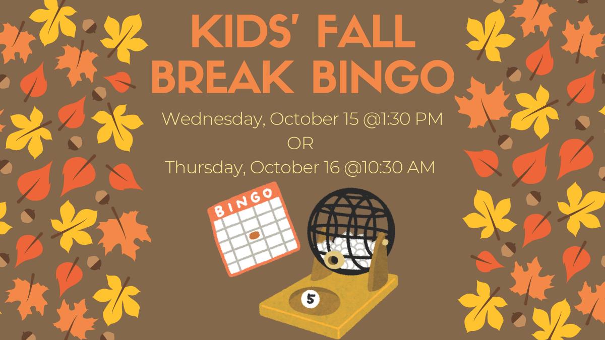 illustration in orange and brown tones, featuring fall leaves, a bingo board, and bingo roller