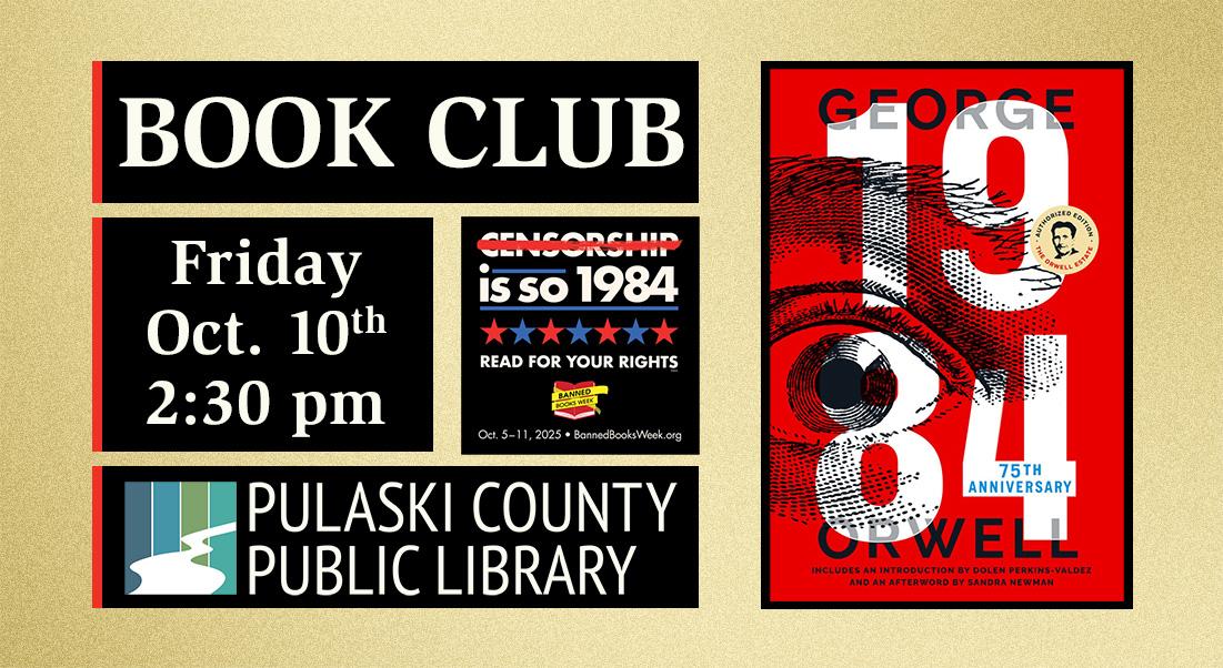 book cover for "1984" with date and time of event and PCPL logo