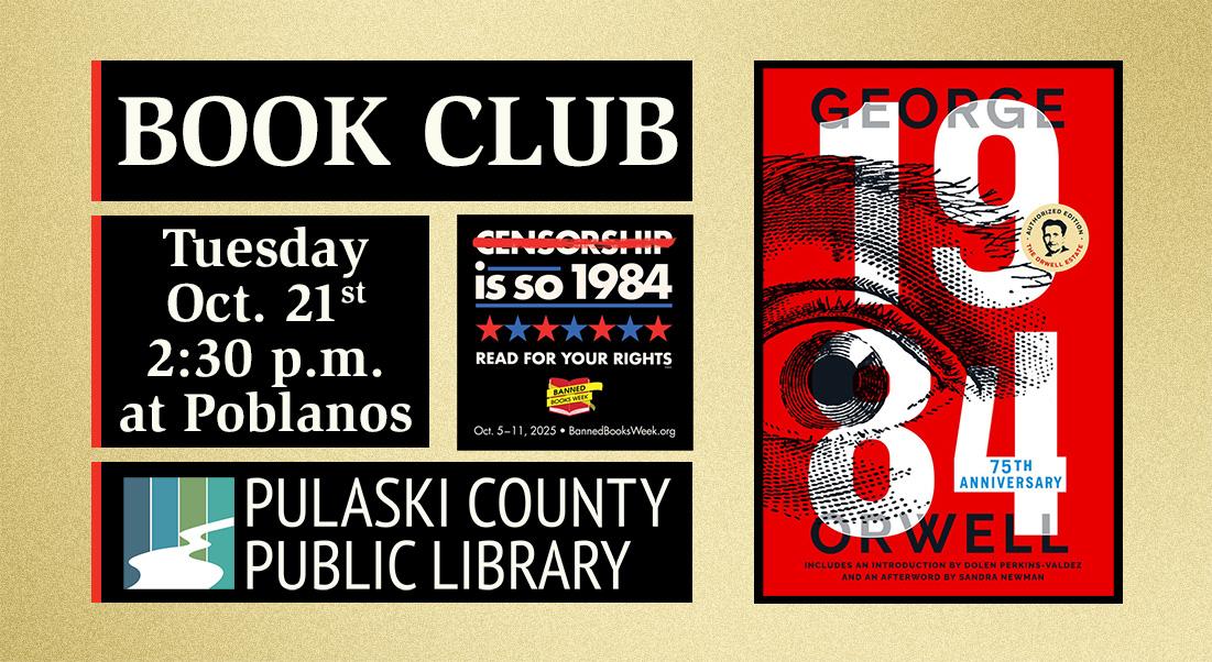 book cover for "1984" with date and time of event and PCPL logo