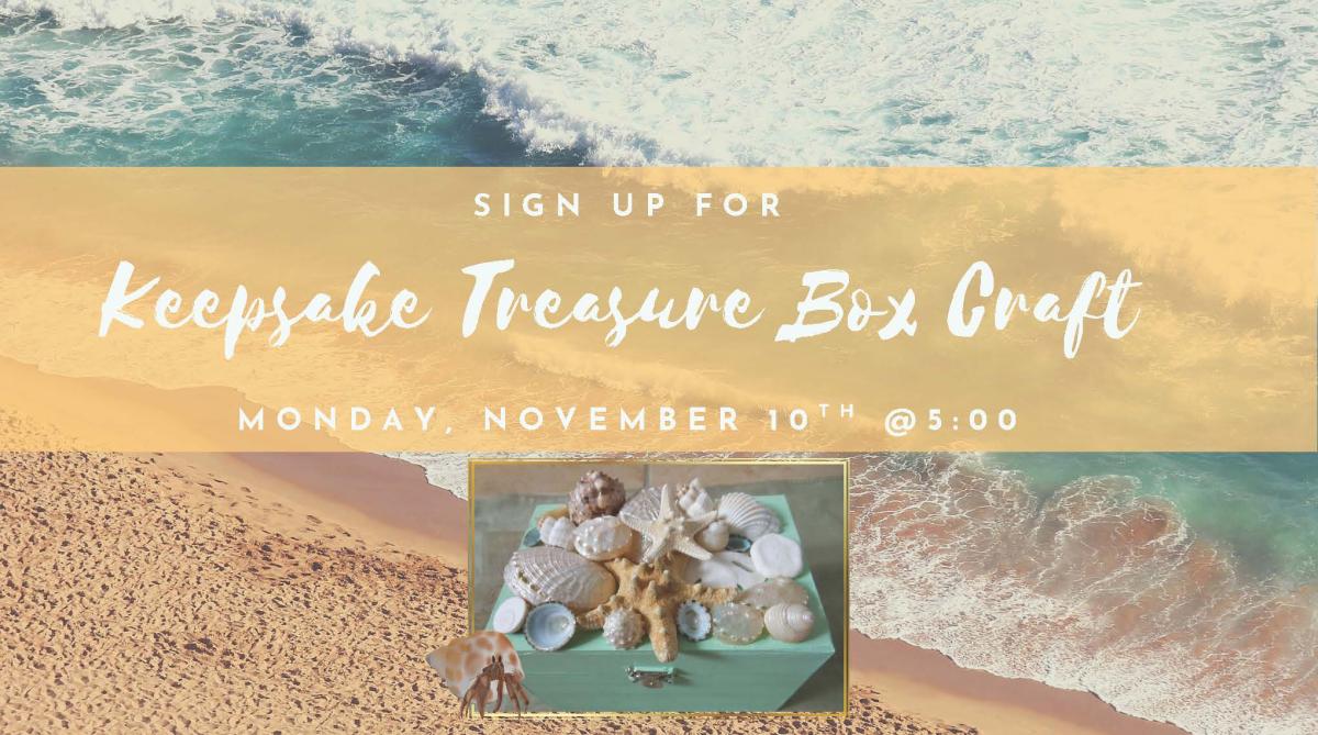 small jewelry-style box with seashells on top, over a sandy beach and sea background