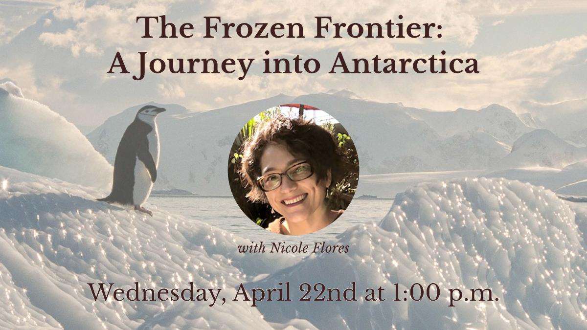 portrait photo a smiling woman on top of a background of an Antarctic ice sheet with a penguin