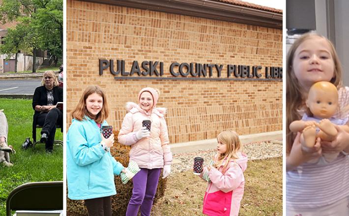 Collage of three different images: first one showing three adult women sitting outside on the lawn, second two tweens and young girl standing in front of the "Pulaski County Public Library" sign, and the third showing three children holding baby dolls and a book
