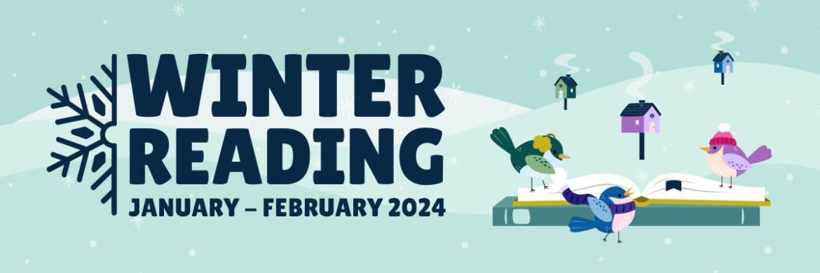 birds wearing hats and scarves on top of a book in the snow next to the Winter Reading 2024 logo