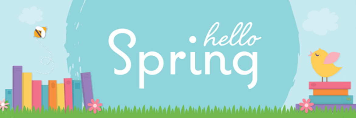 cute illustration with the words "Hello Spring" on a blue sky above green grass with colorful books, flowers, a bee, and a bird on either side